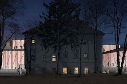 Visualiesierung der neuen Teile mit ihren transluzenten Fassaden bei Nacht