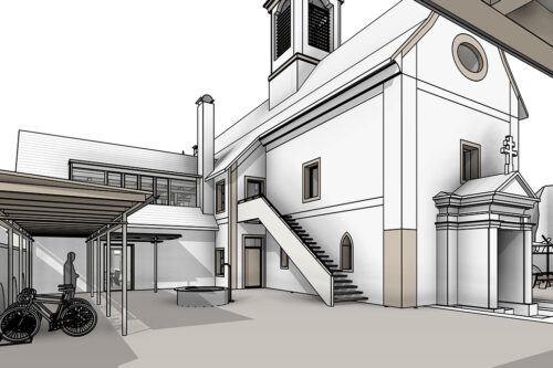 Darstellung des Hofes mit Fahrradabstellmöglickeiten, einem Brunnen und der Treppe zum Kirchengebäude