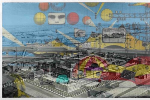 Collage des Wiener Arsenals mit Handskizzen darüber.