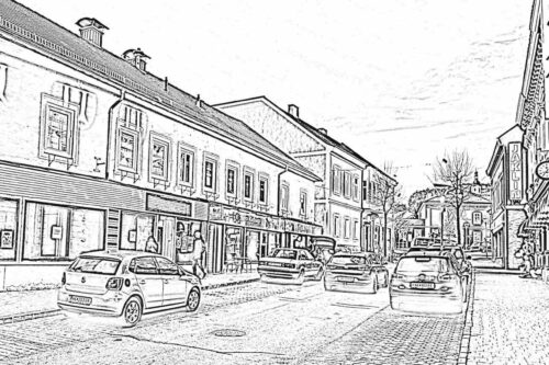 Sketch of a street in Gloggnitz.