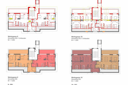 Grundriss mit Umbauten und Flächendiagram des Dachgeschosses