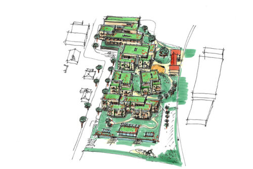 Skizze der Gebäude und des Grünraums