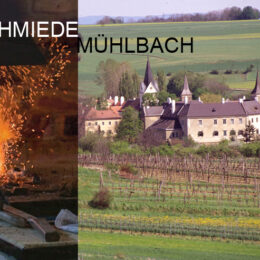 Ein zweigeteiltes Bild einer Schmiede und von dem Dorf Mühlbach mit dem Text 