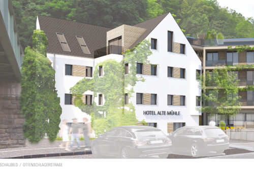 Renoviertes Hotel Alte Mühle mit Parkplatz davor