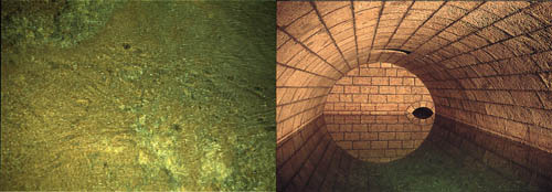 Eine undefinierte grüne Masse und ein Abwassertunnel