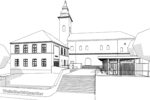 Zeichnung des Neuen Gebäudes und der Kirche.