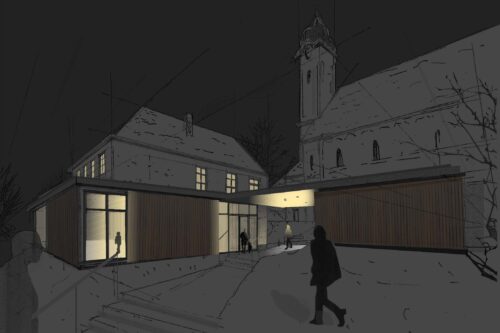 Zeichnung des Neuen Gebäudes und der Kirche bei Nacht.