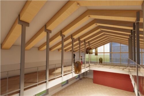 Der ausgebaute Dachboden mit Atrium und Fensterfront.